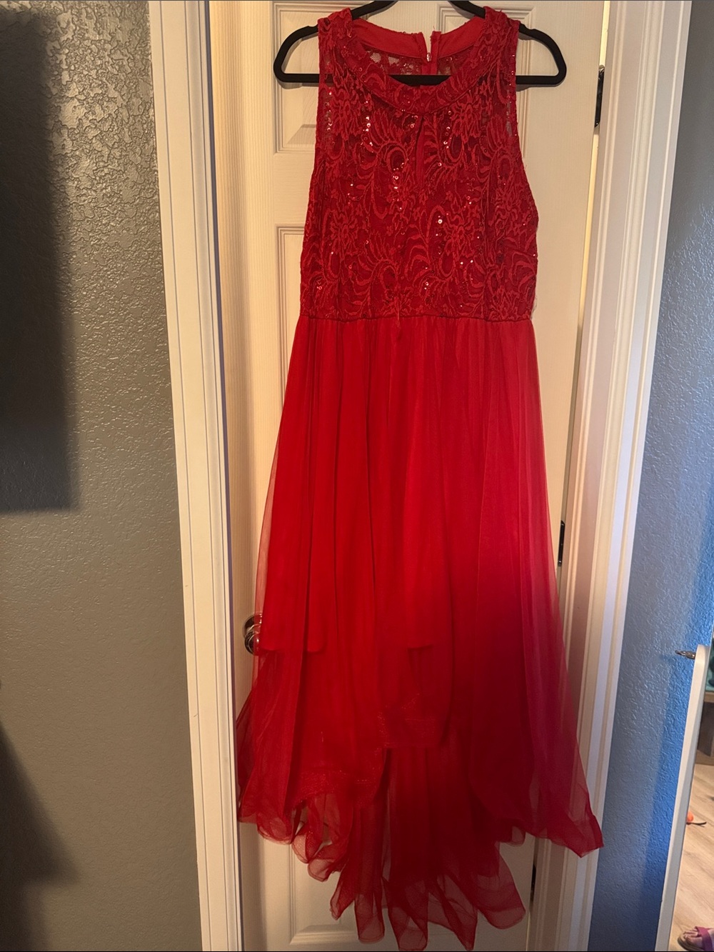 Red Beaded Tulle Prom Dress